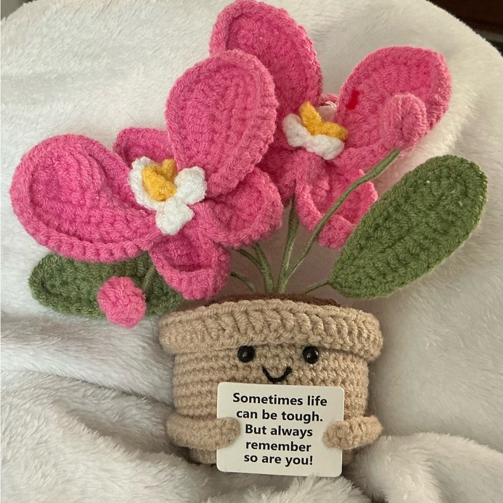 Charming Pink Crochet Flower Pot with Smiling Face